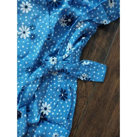 New Talbots Poet Sleeve Blue Daisy Print Wrap Top V Neck Shirt Sz L - Picture 10 of 13